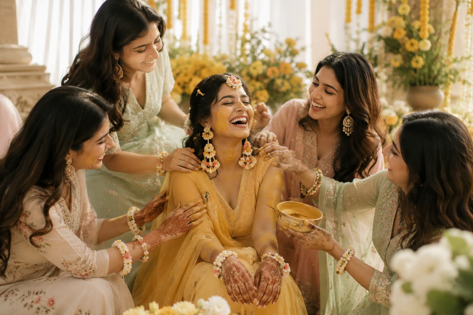 Colorful pre-wedding celebration with floral décor